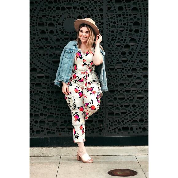 TANYA TAYLOR Margot Orange Blooms Floral Linen Blend Jumpsuit Size 10 - Picture 5 of 10